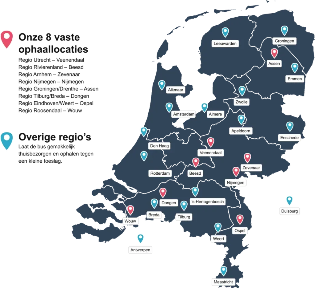 nederland-kaart-vancation Kaart van Nederland met de 8 vaste ophaallocaties van VANcation